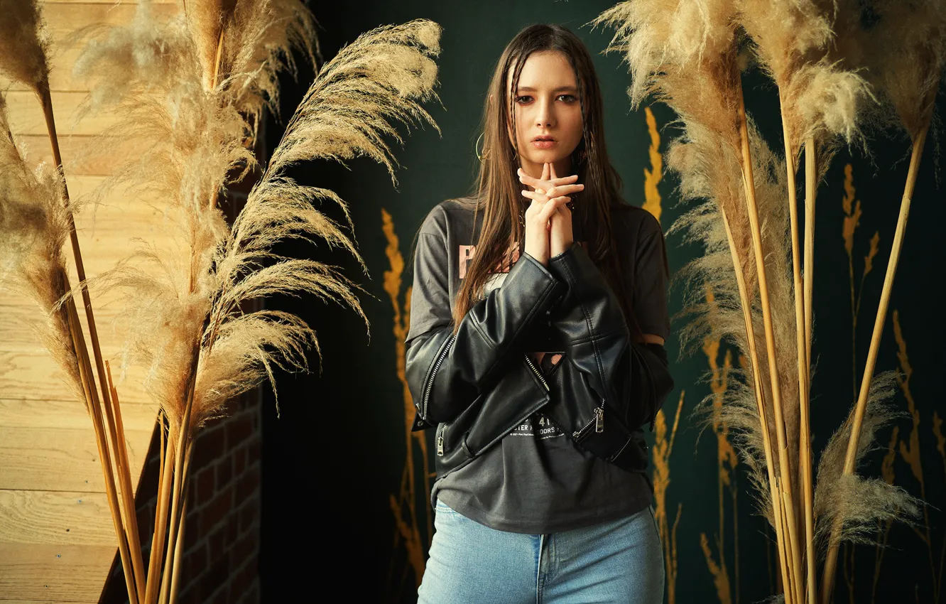 Photo wallpaper look, model, portrait, jeans, makeup, Mike, jacket, hairstyle