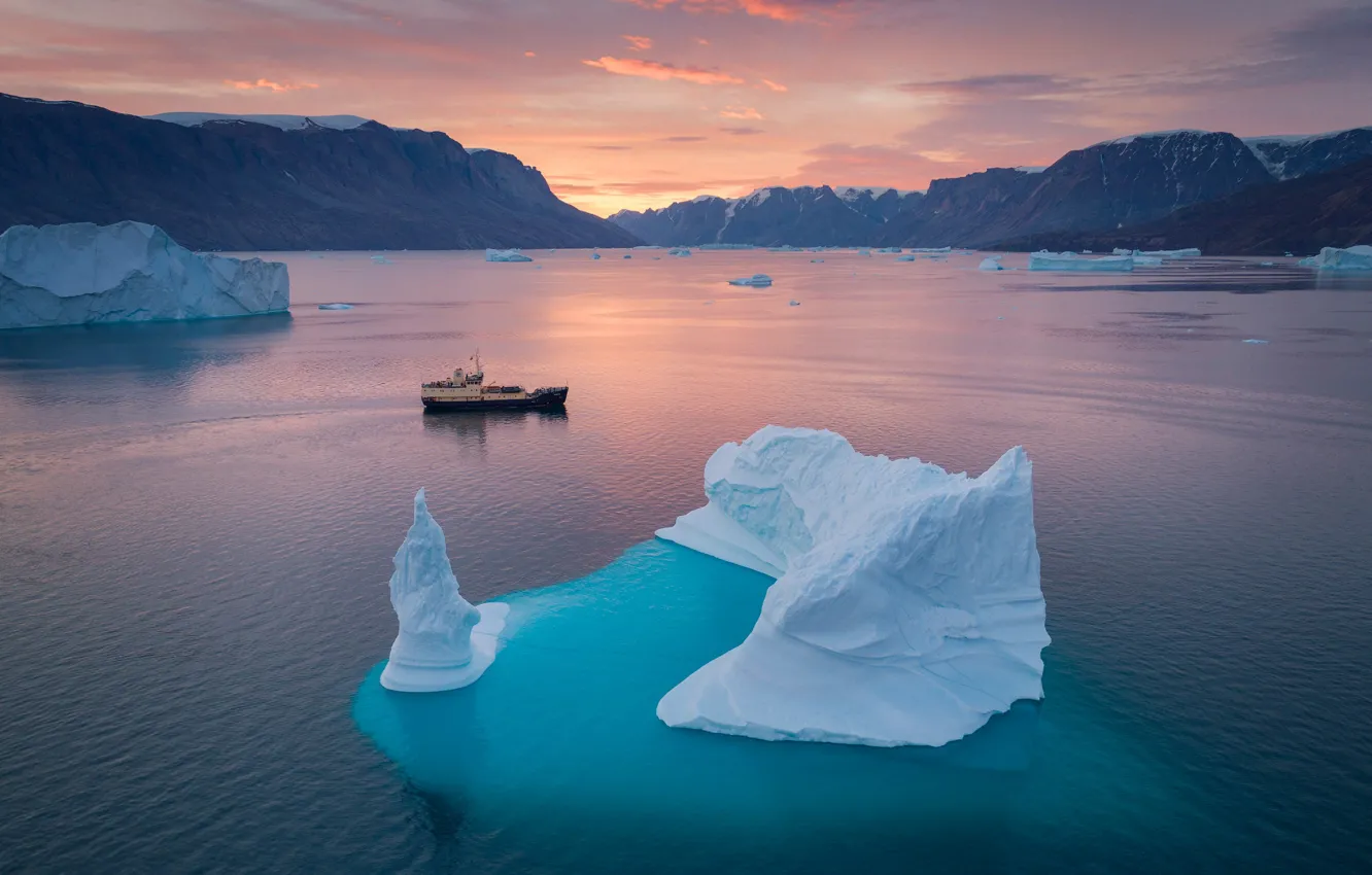 Photo wallpaper landscape, mountains, nature, ship, ice, icebergs, the fjord, Greenland