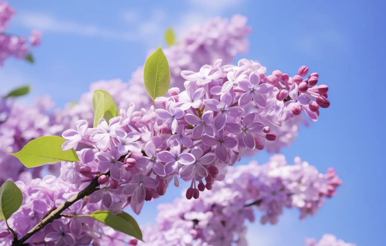 Photo wallpaper the sky, leaves, flowers, spring, lilac, AI art, neural network