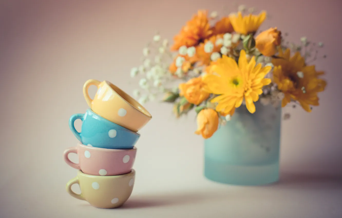Photo wallpaper flowers, bouquet, Cup, mugs