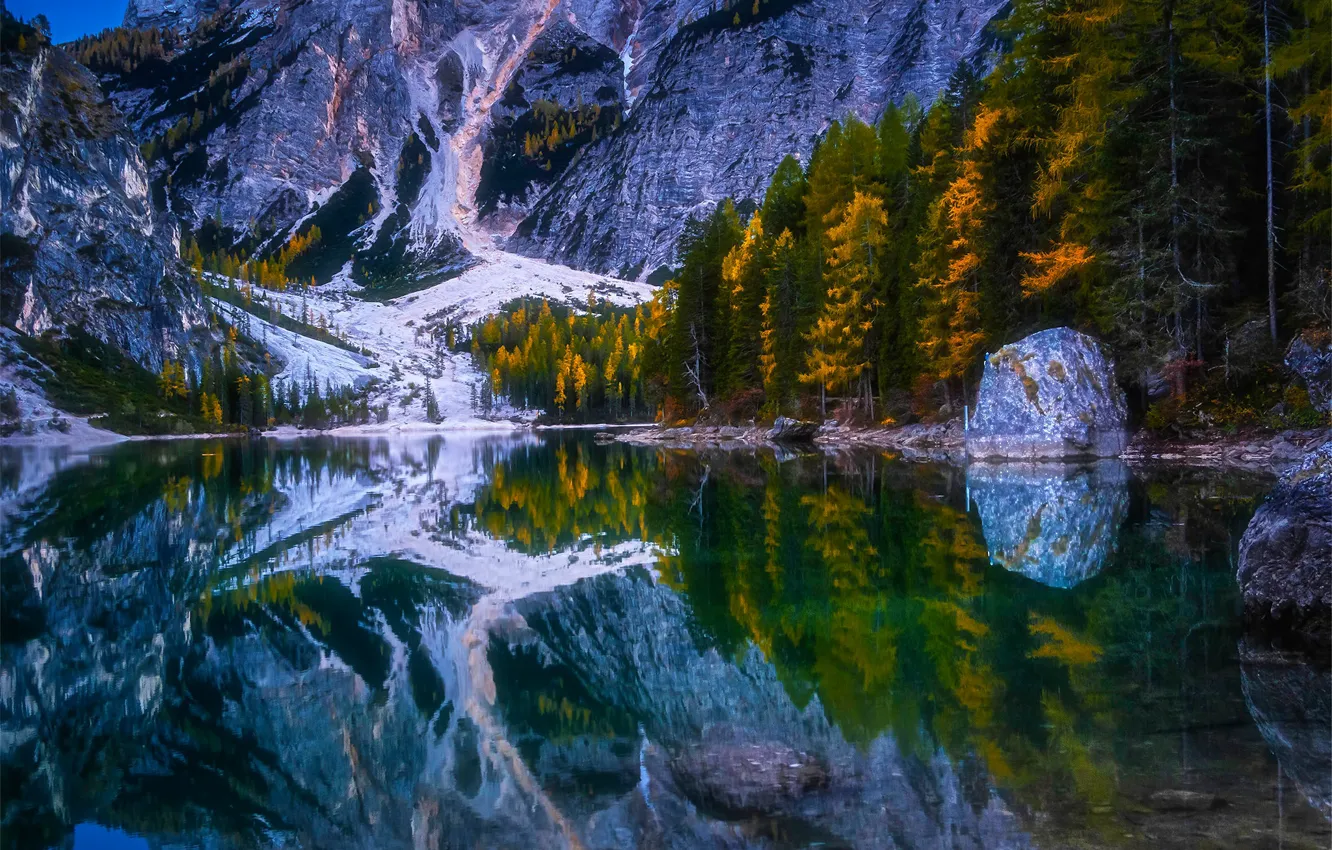 Photo wallpaper autumn, trees, mountains, lake, reflection, Italy, Italy, The Dolomites