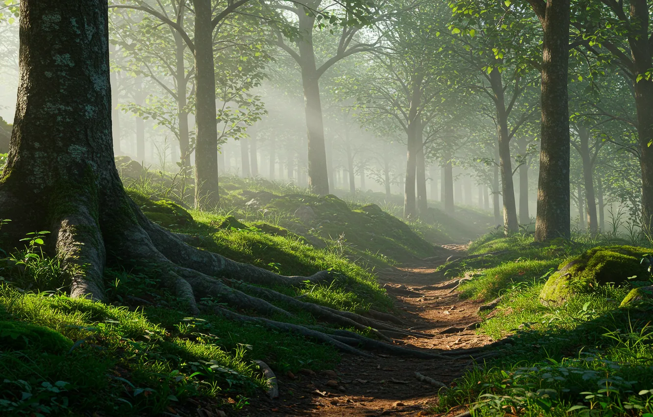 Photo wallpaper forest, trees, roots, fog, stones, Wallpaper, wallpaper, forest