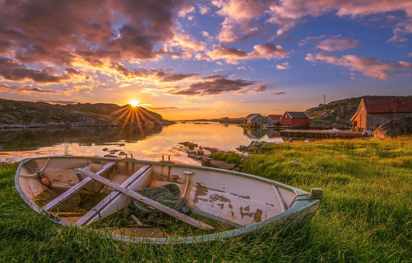Photo wallpaper the sky, clouds, sunset, lake, Wallpaper, boat