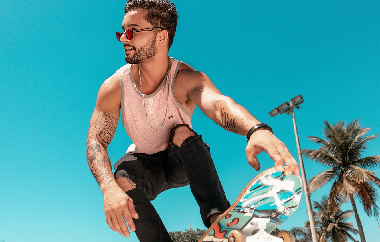 Photo wallpaper look, jeans, glasses, male, skateboard