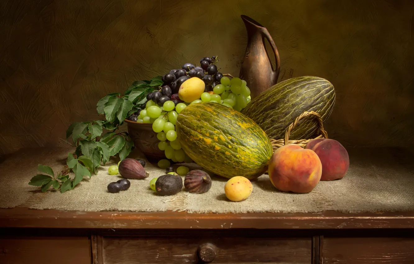 Photo wallpaper table, grapes, bowl, pitcher, fruit, still life, peaches, burlap