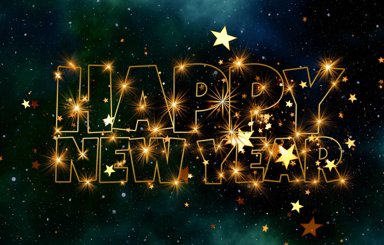 Photo wallpaper stars, lights, holiday, the inscription, New year, gold plated, congratulations, the night sky