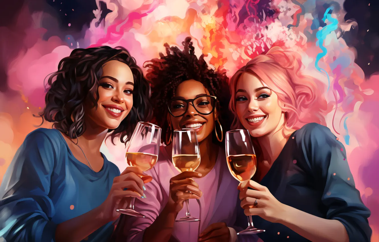 Photo wallpaper girl, joy, smile, glass, new year, Christmas, champagne, three