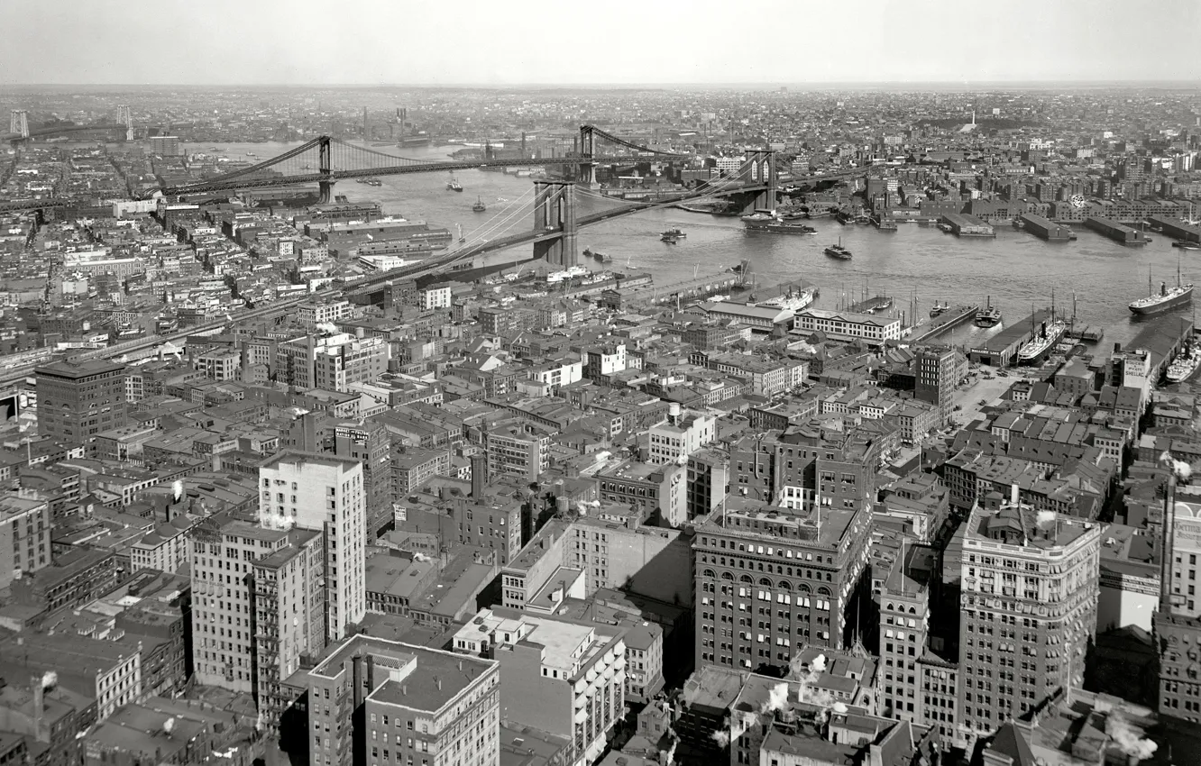 Photo wallpaper bridge, retro, river, home, New York, panorama, USA, 1910-th year