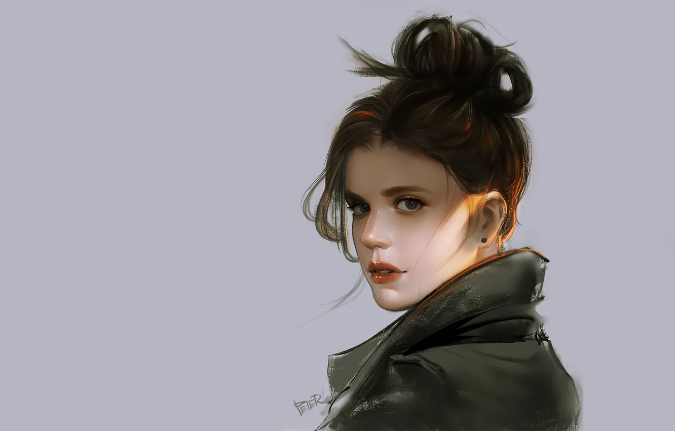 Photo wallpaper collar, lilac background, portrait of a girl, sideways, hair in a bunch