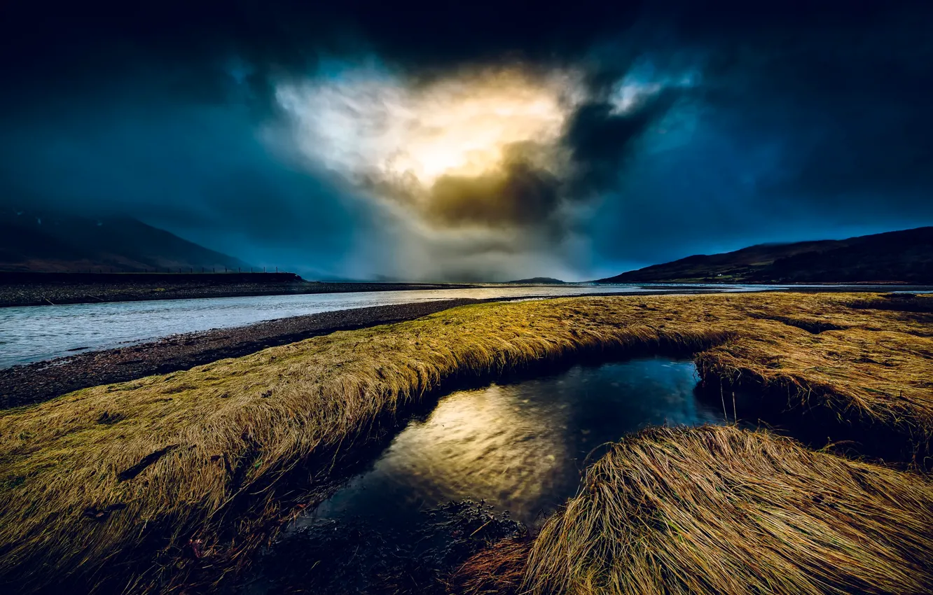 Photo wallpaper the sky, clouds, river