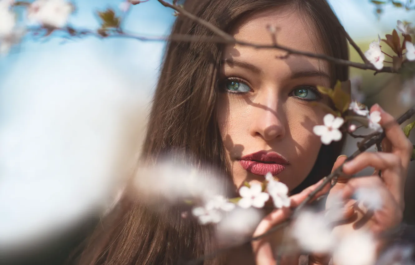 Photo wallpaper look, branches, face, mood, portrait, flowering, Sabrina Boat