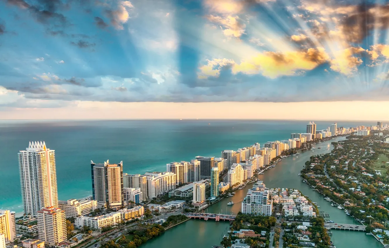 Photo wallpaper sea, the sky, clouds, coast, home, Miami, FL, horizon