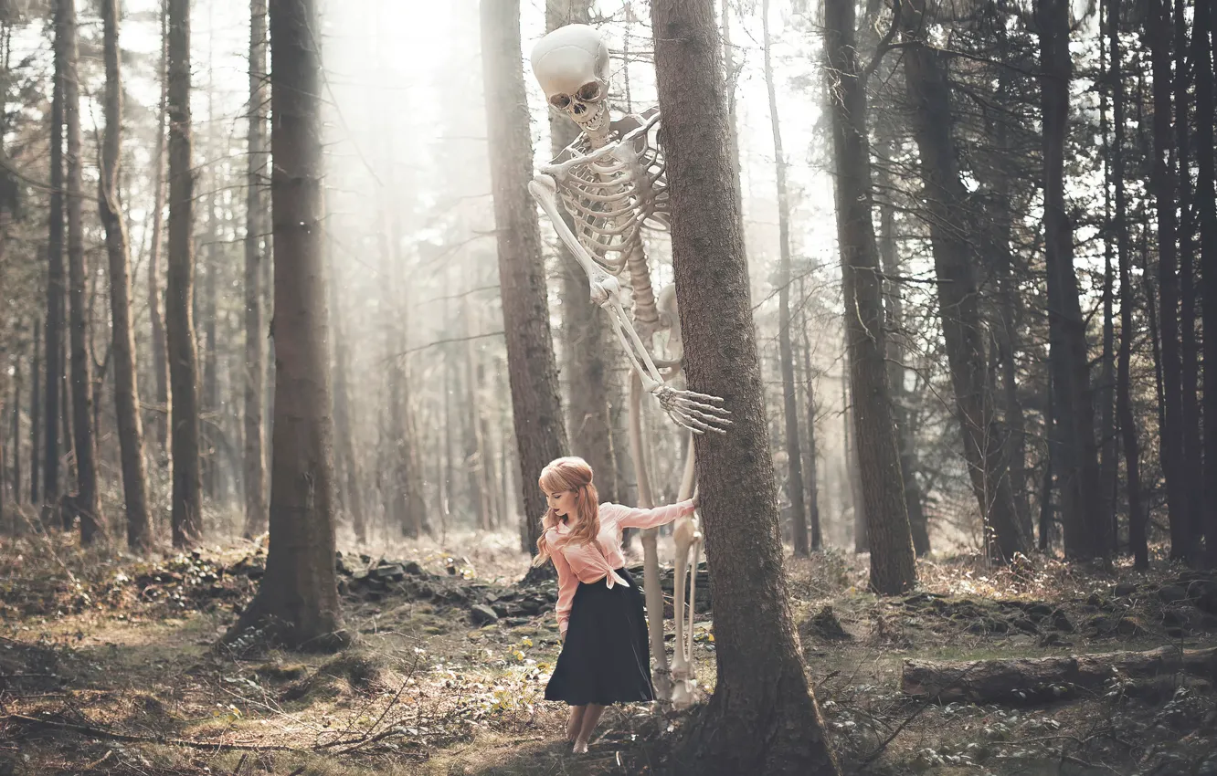 Photo wallpaper forest, girl, skull, skeleton, Victoria Cadisch