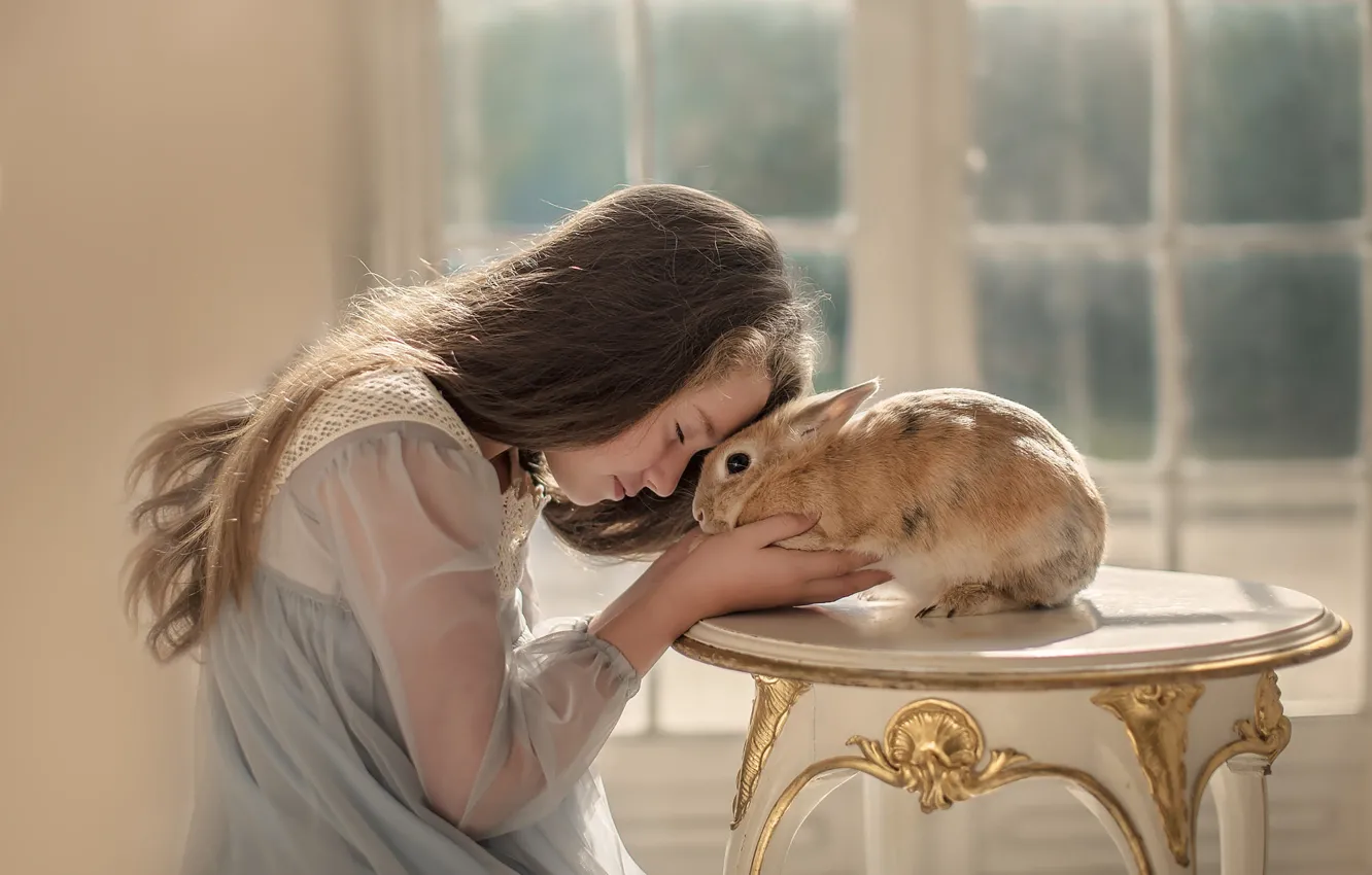 Photo wallpaper hare, rabbit, friendship, girl