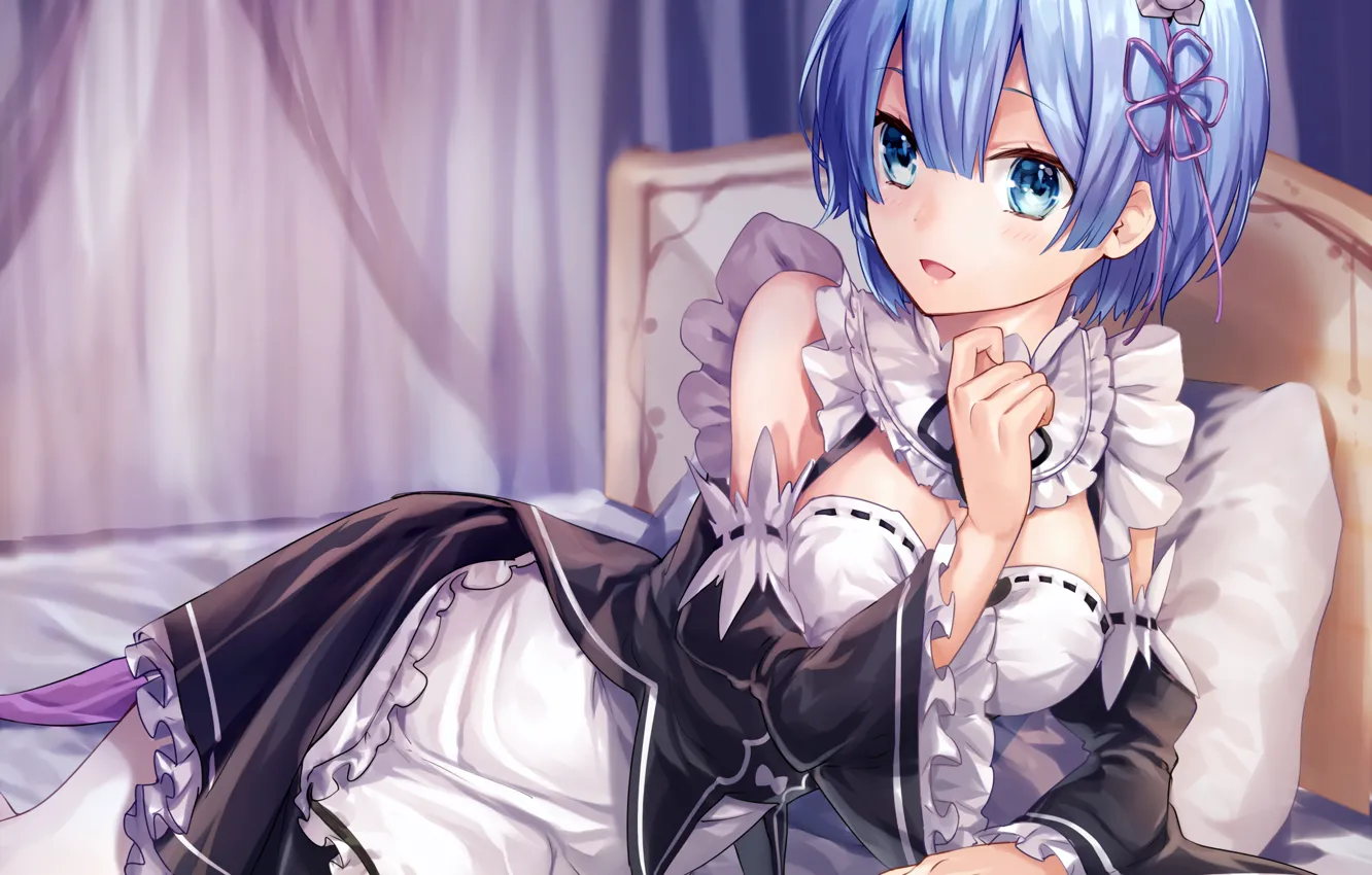 Photo wallpaper girl, sexy, cleavage, boobs, anime, blue eyes, beautiful, short hair