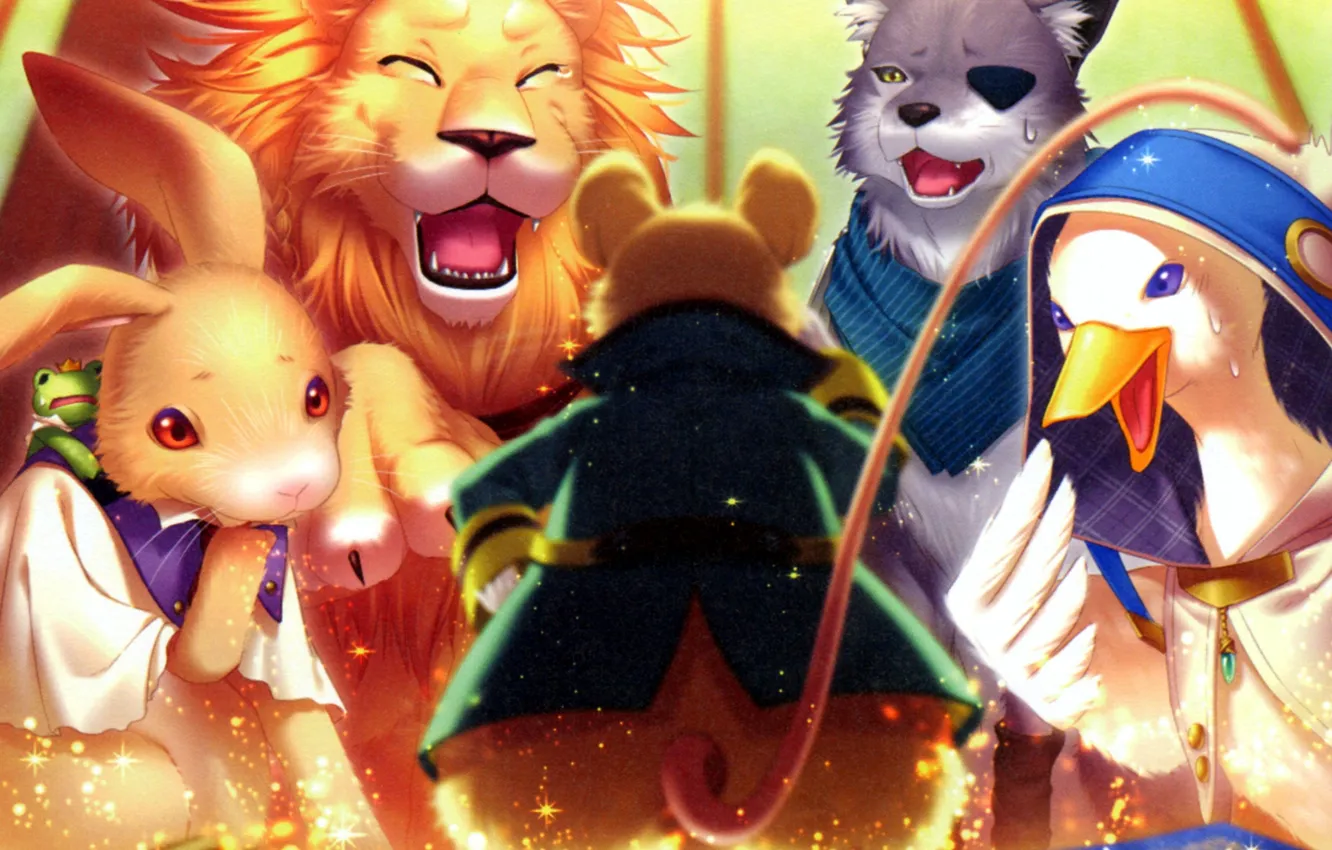 Photo wallpaper wolf, hare, frog, laughter, Leo, mouse, tears, tail