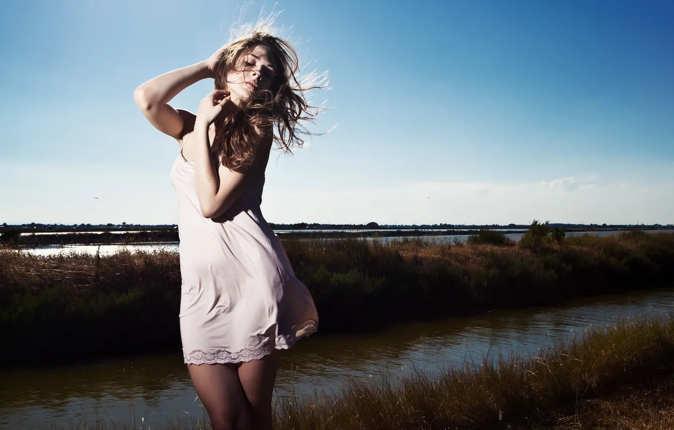 Photo wallpaper girl, pose, river, background