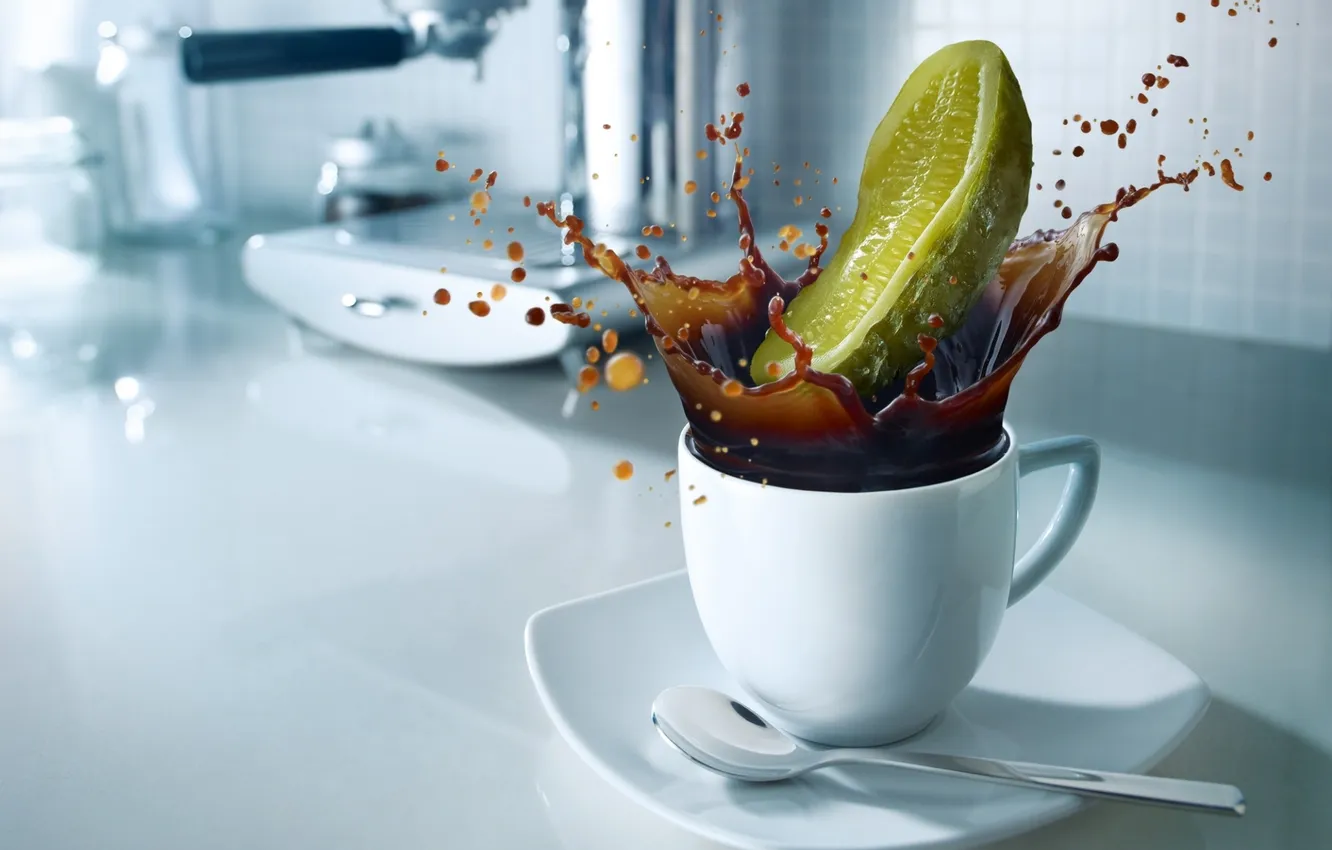 Photo wallpaper squirt, splash, Coffee, spoon, Cup, Coffe, cucumber