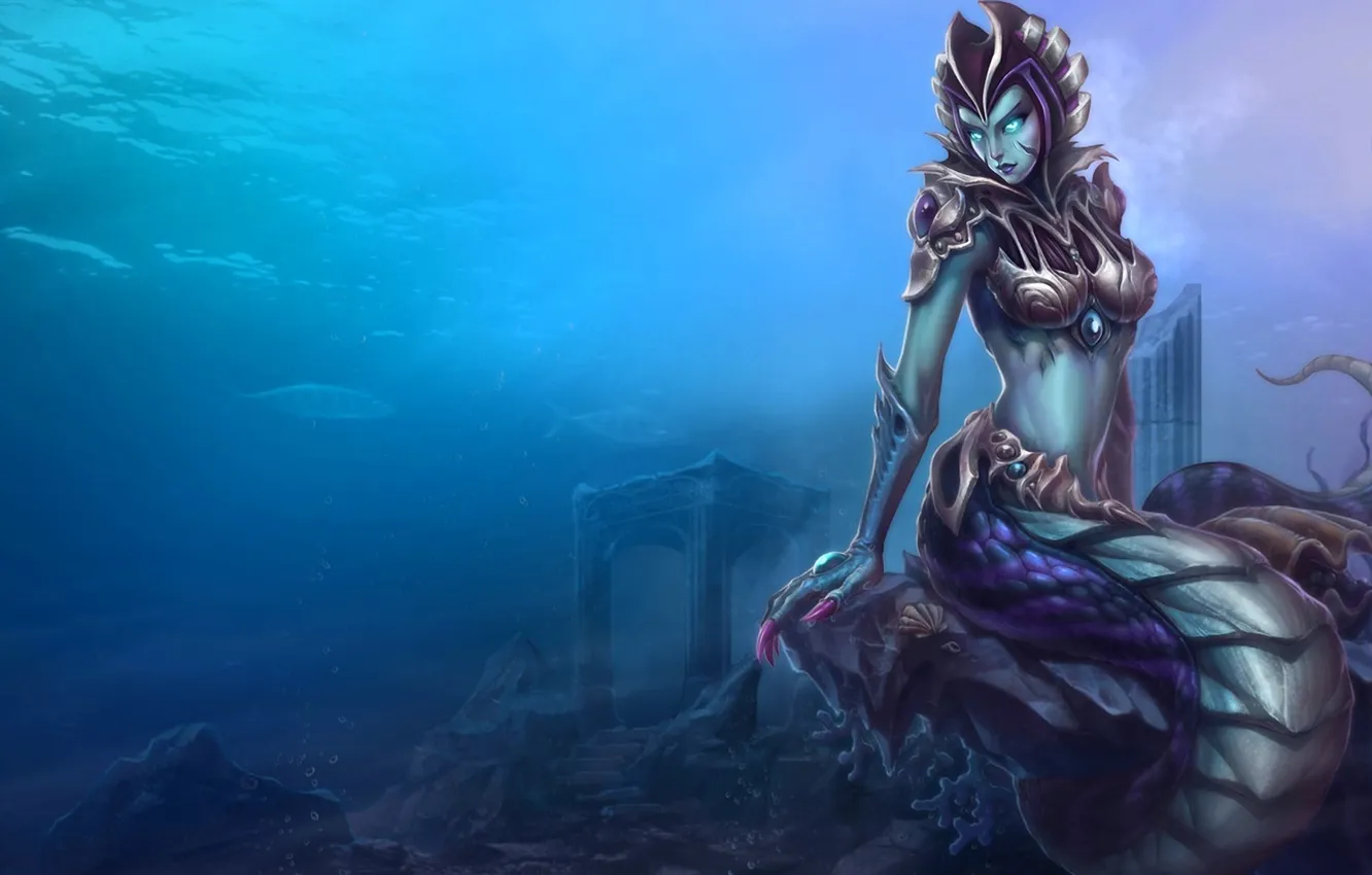 Photo wallpaper fish, sink, tail, armor, ruins, under water, league of legends, cassiopeia