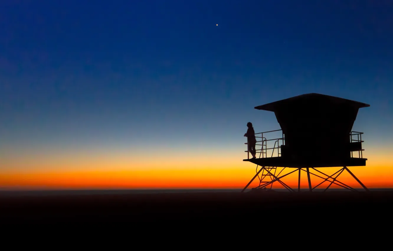 Photo wallpaper beach, the sky, stars, sunset, silhouette, lifeguard, after the guard