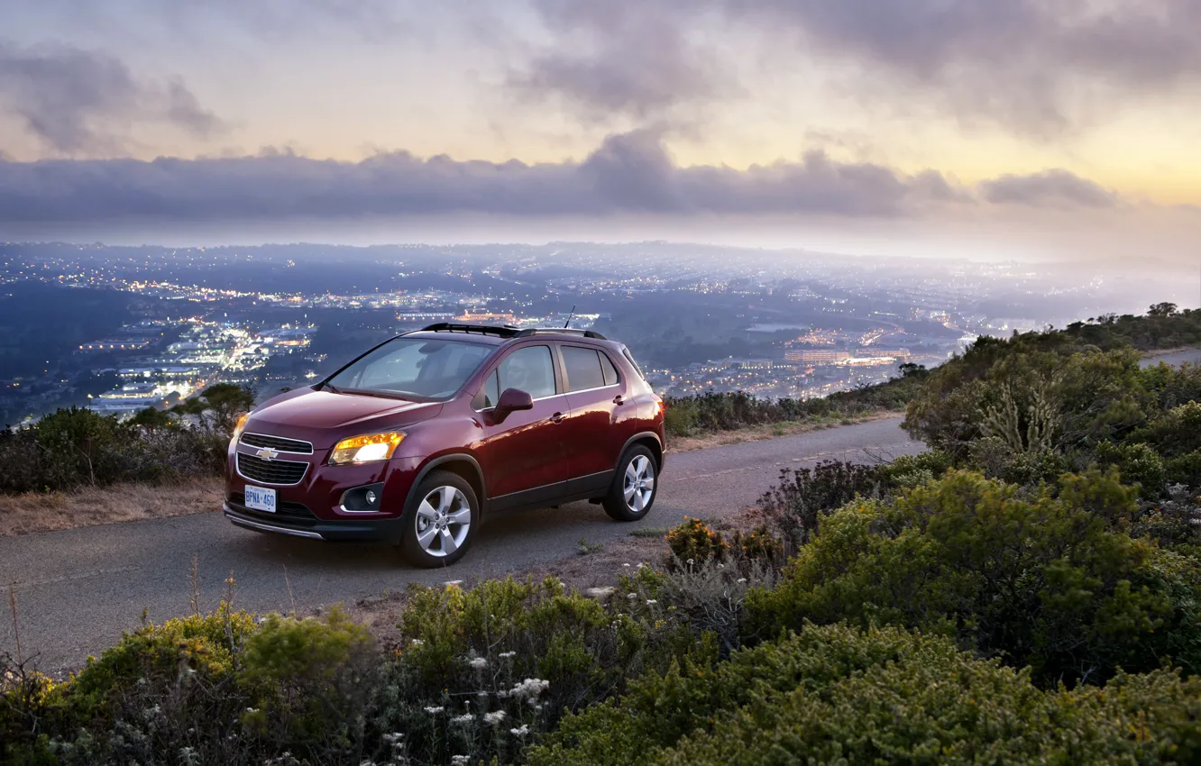 Photo wallpaper road, landscape, the city, Chevrolet, car, 2012, Trax