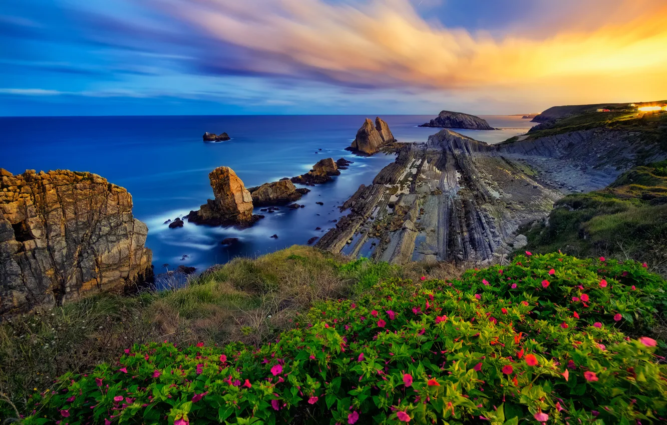 Photo wallpaper sea, sunset, flowers, rocks, coast, Spain, Spain, Costa Quebrada