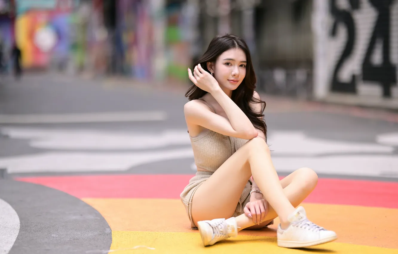 Photo wallpaper look, girl, legs, Asian, bokeh