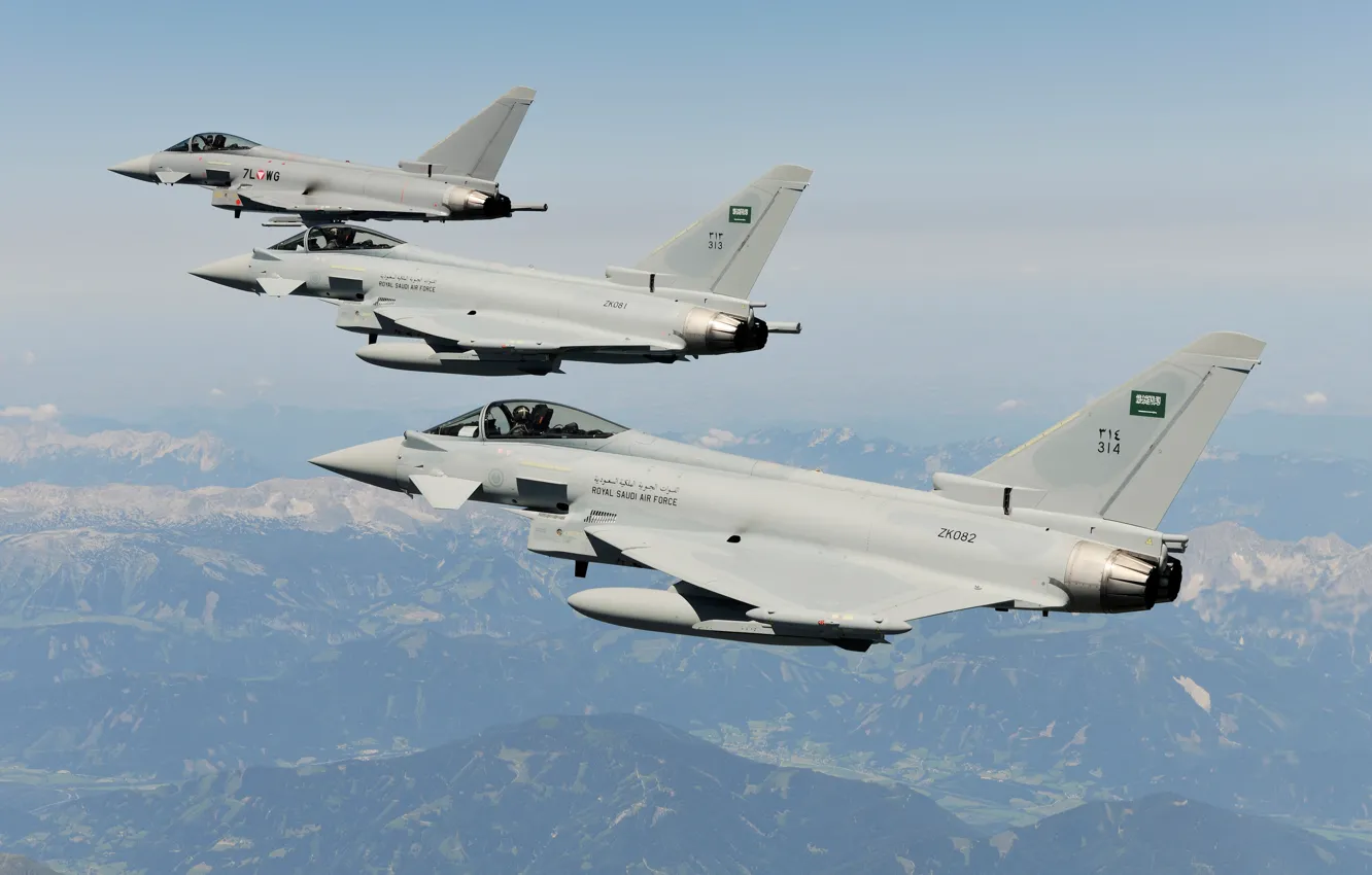 Photo wallpaper the sky, flight, mountains, fighter, Typhoon, Eurofighter