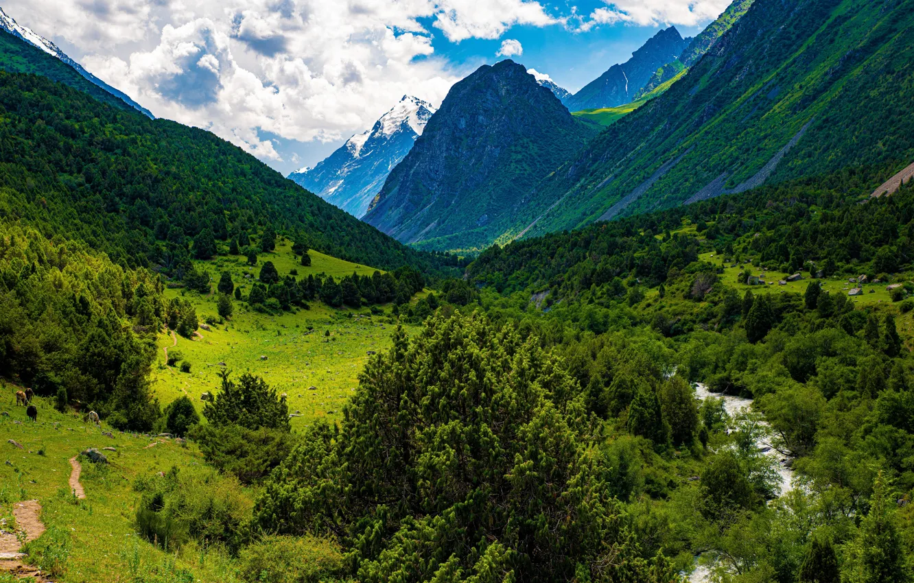 Photo wallpaper clouds, landscape, mountains, nature, Kyrgyzstan
