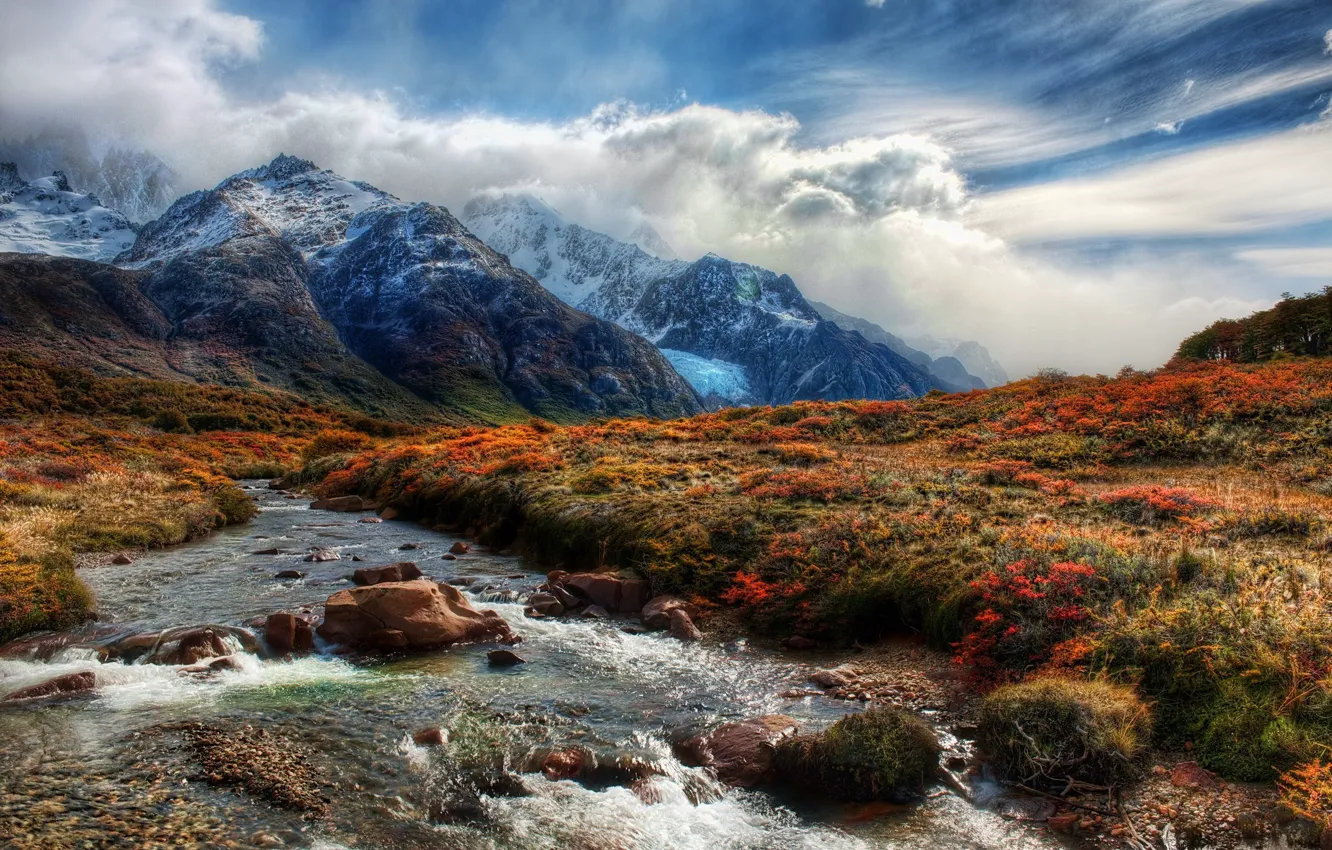 Photo wallpaper the sky, clouds, river, Mountains