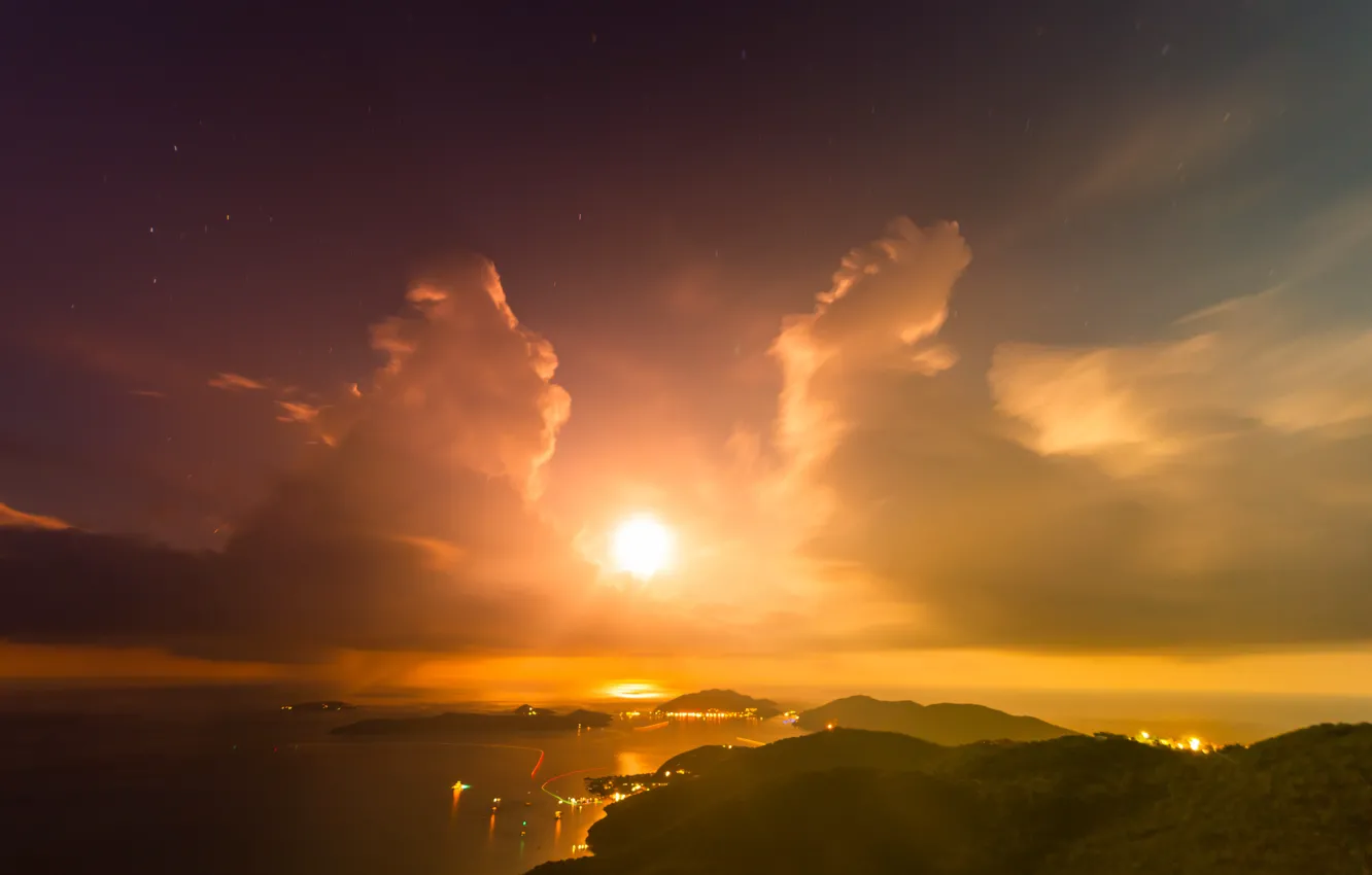 Photo wallpaper the sun, clouds, sunset, mountains, lights, island, the evening, Bay