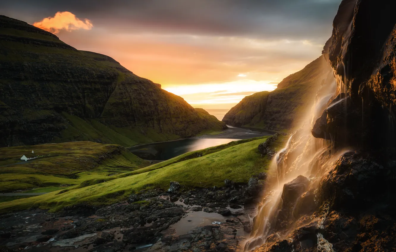 Photo wallpaper rocks, view, height, waterfall, Iceland