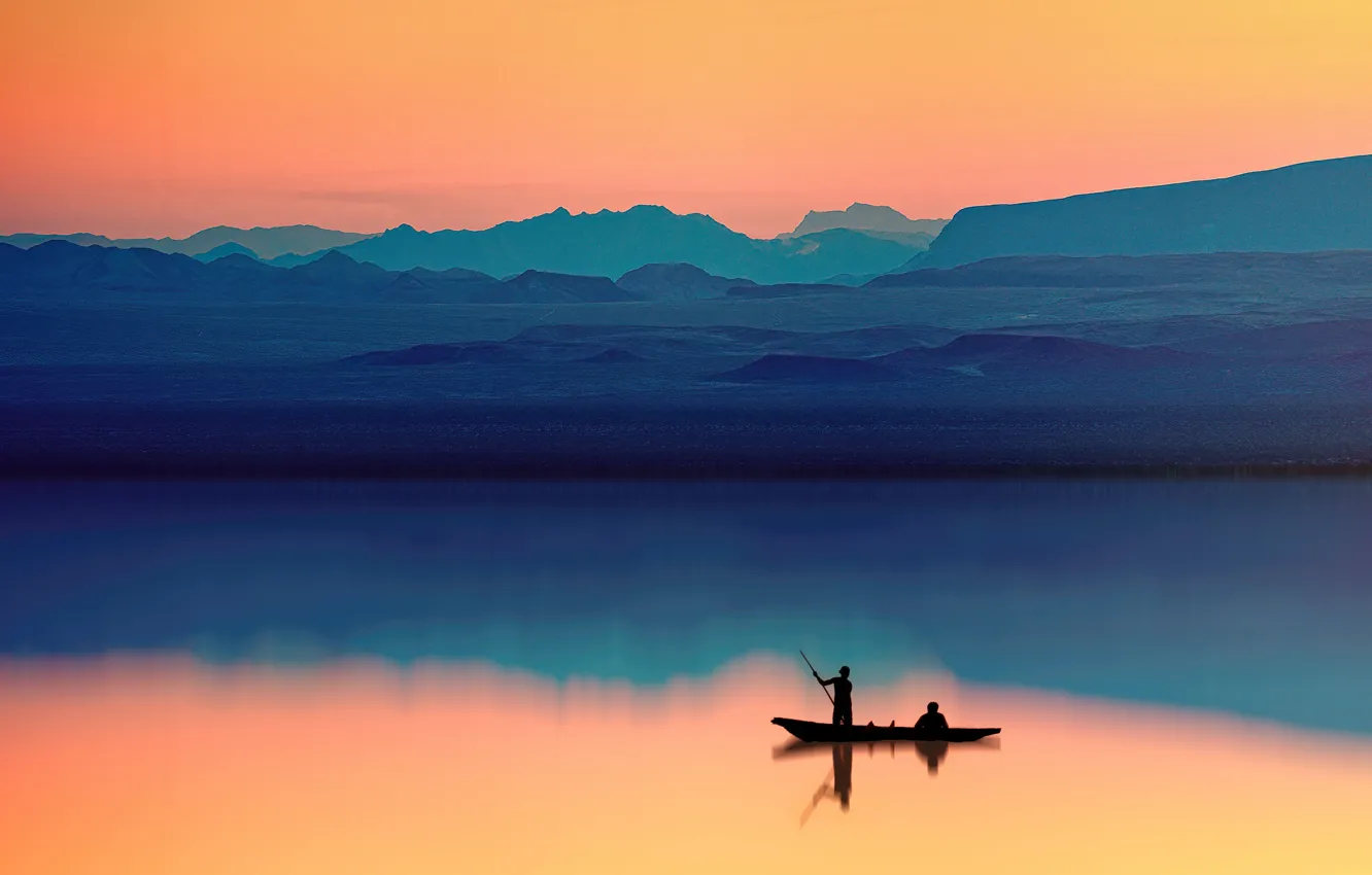 Photo wallpaper the sky, mountains, lake, fishermen, sky, the reflection in the water, mountains, lake