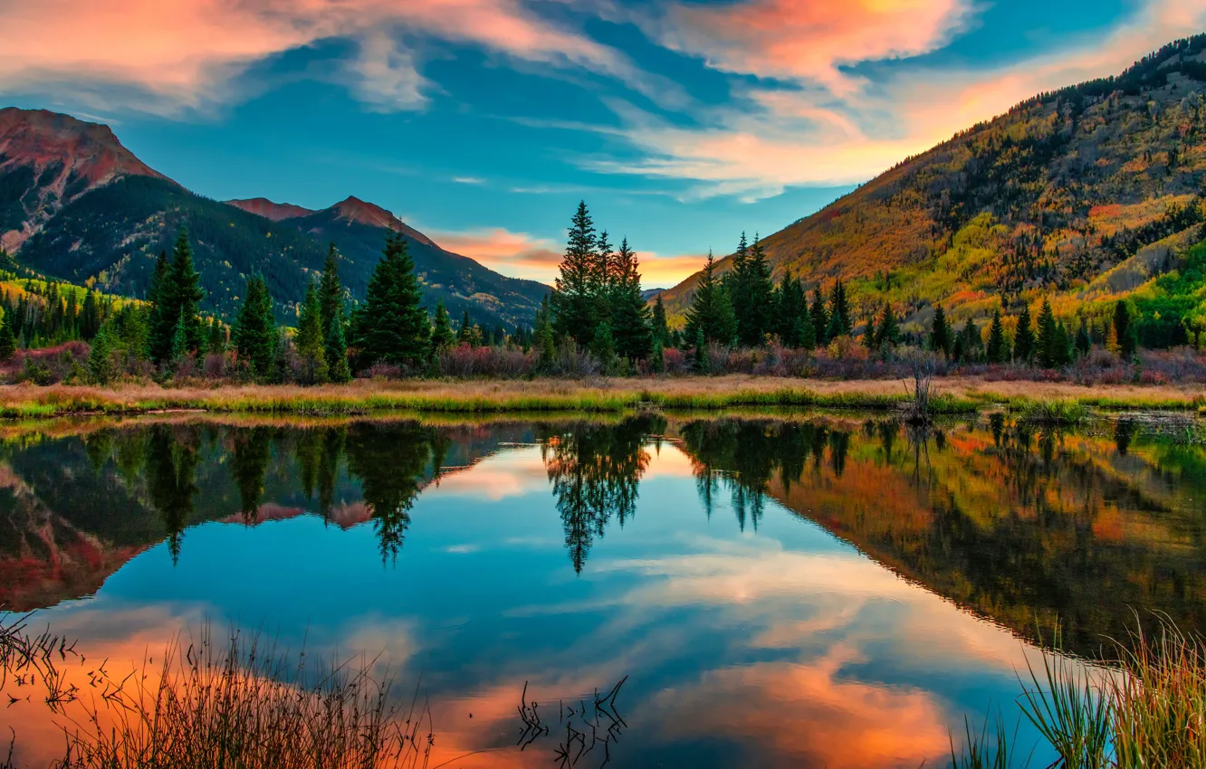 Photo wallpaper forest, the sky, clouds, sunset, mountains, lake, reflection, blue
