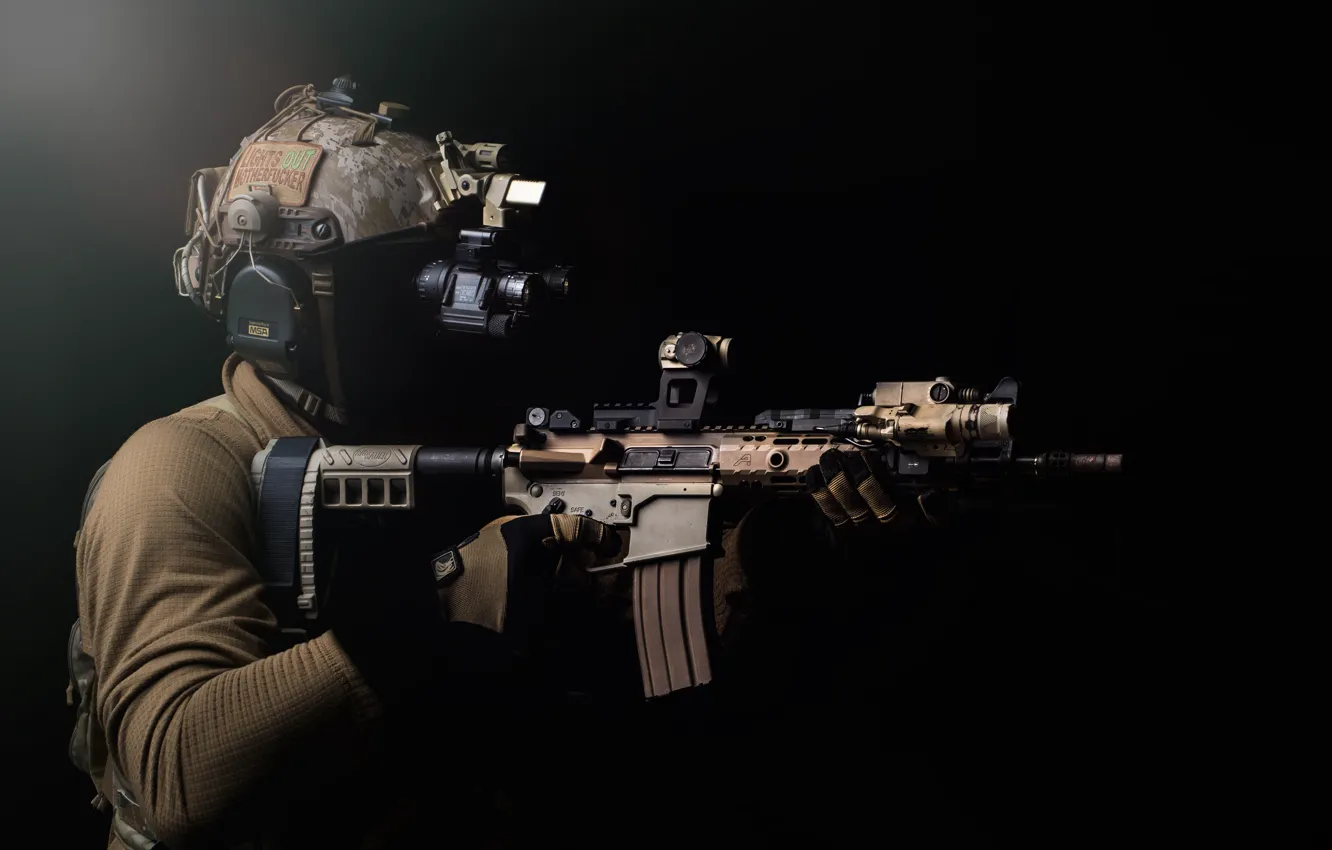 Photo wallpaper weapons, helmet, male, equipment