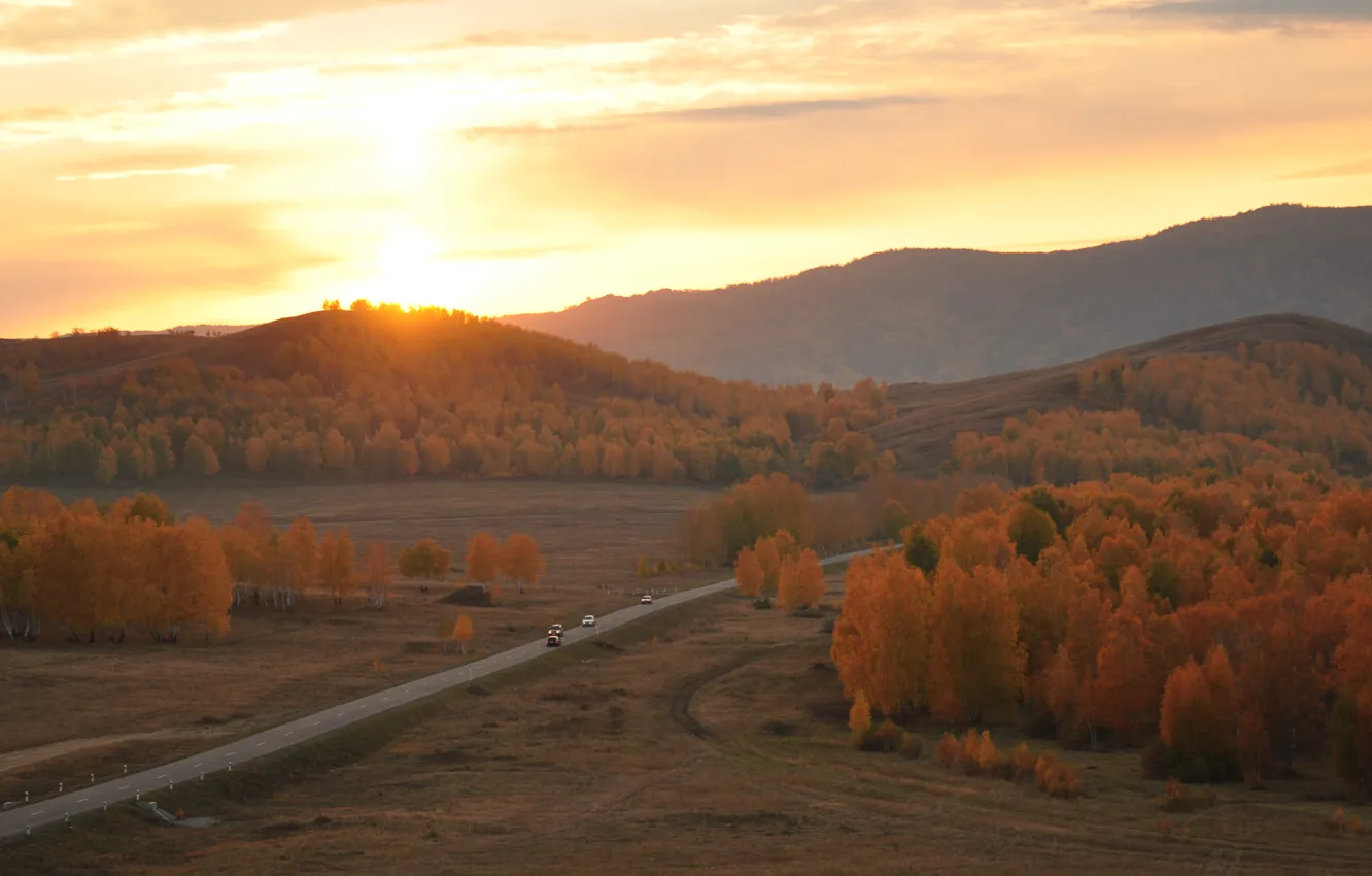 Photo wallpaper road, autumn, landscape, sunset, mountains