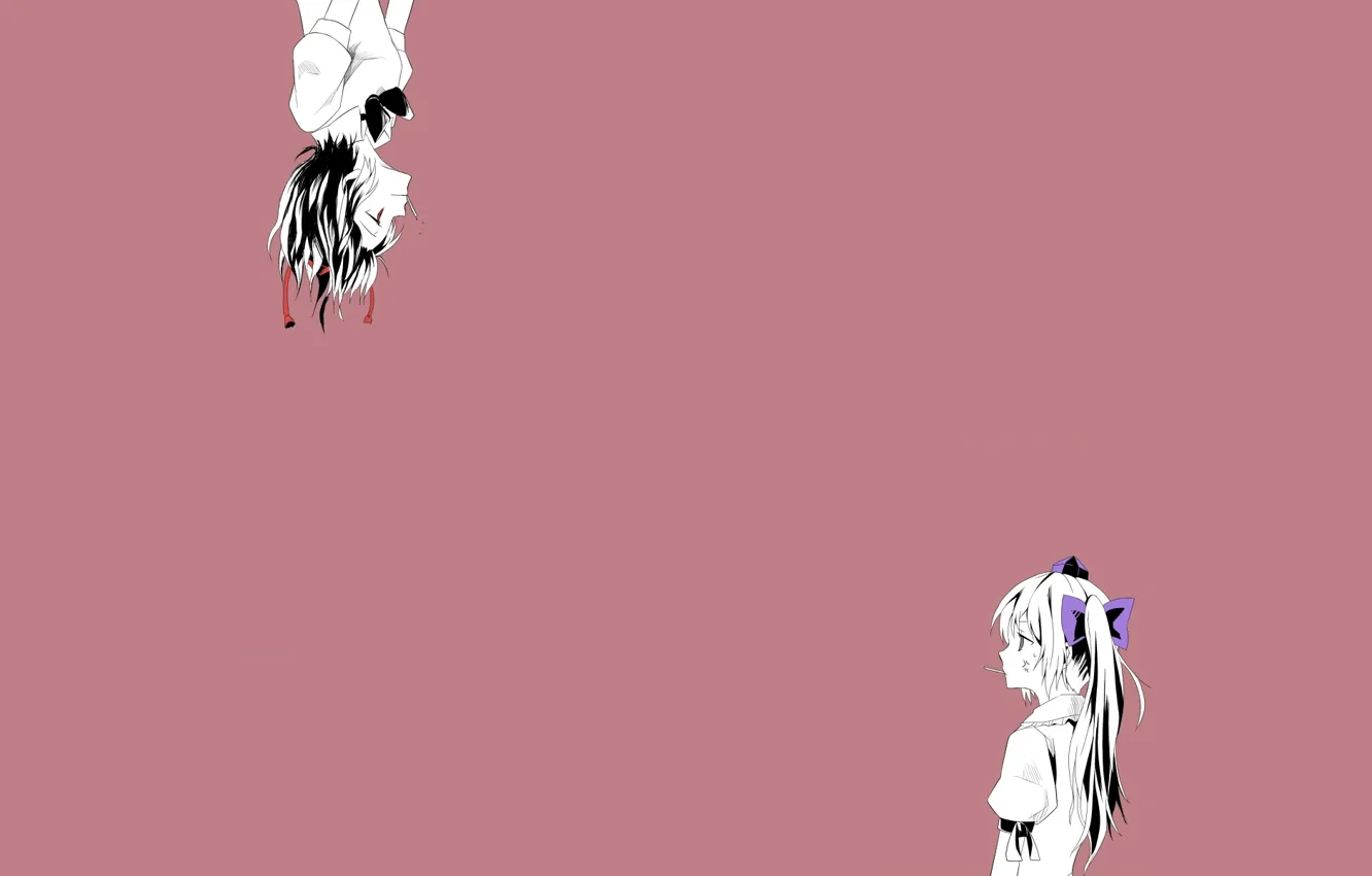Photo wallpaper minimalism, black and white, two girls, pink background, look