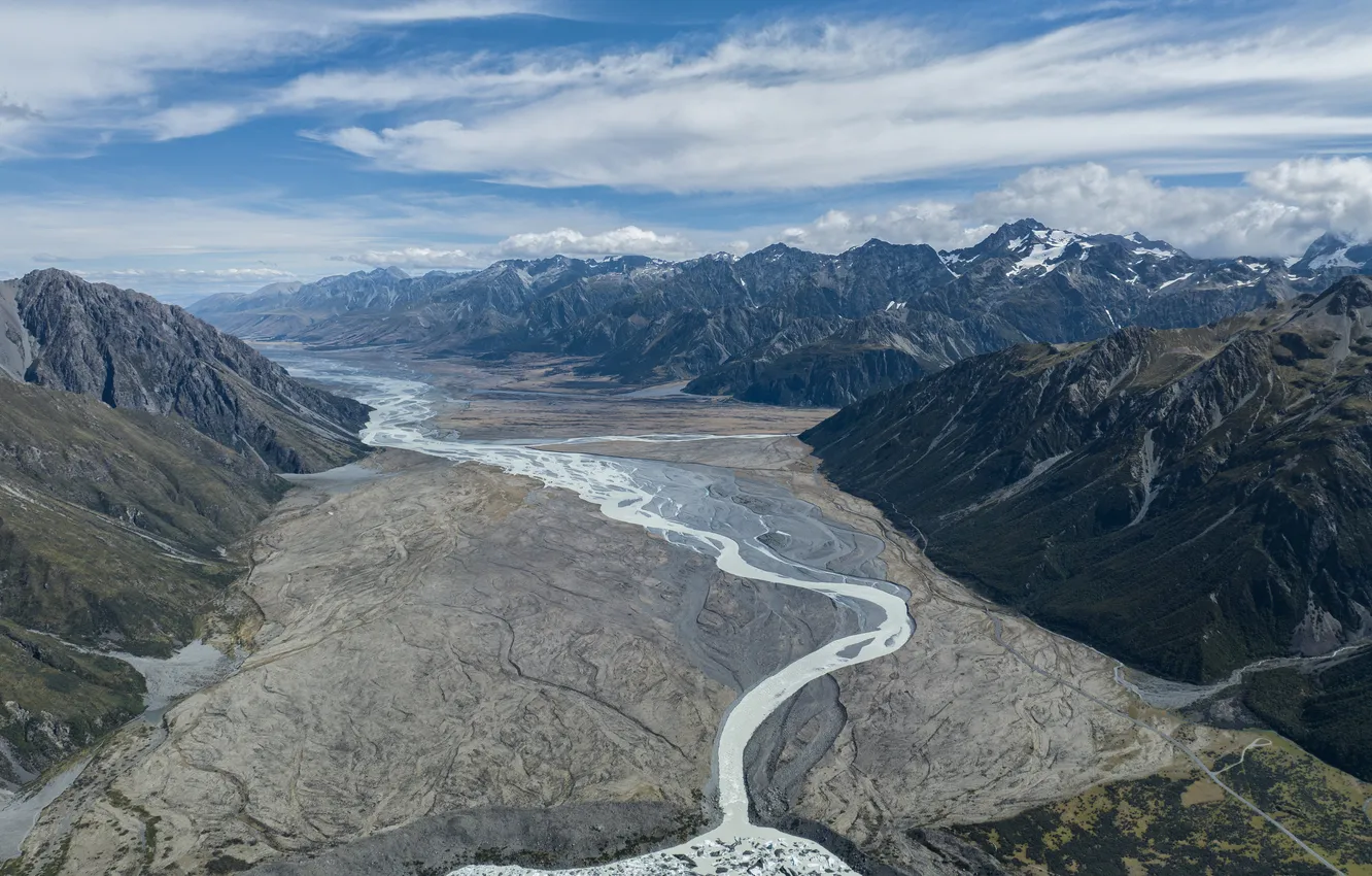 Photo wallpaper the sky, mountains, stream, panorama