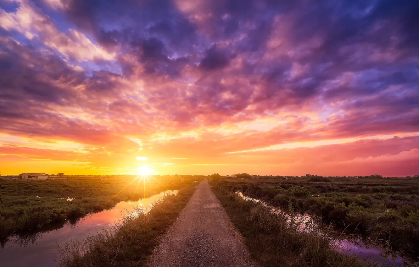 Photo wallpaper road, the sky, sunset, horizon