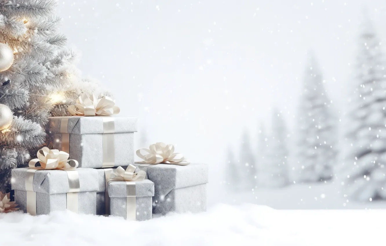 Photo wallpaper winter, snow, decoration, gift, balls, tree, new year, Christmas