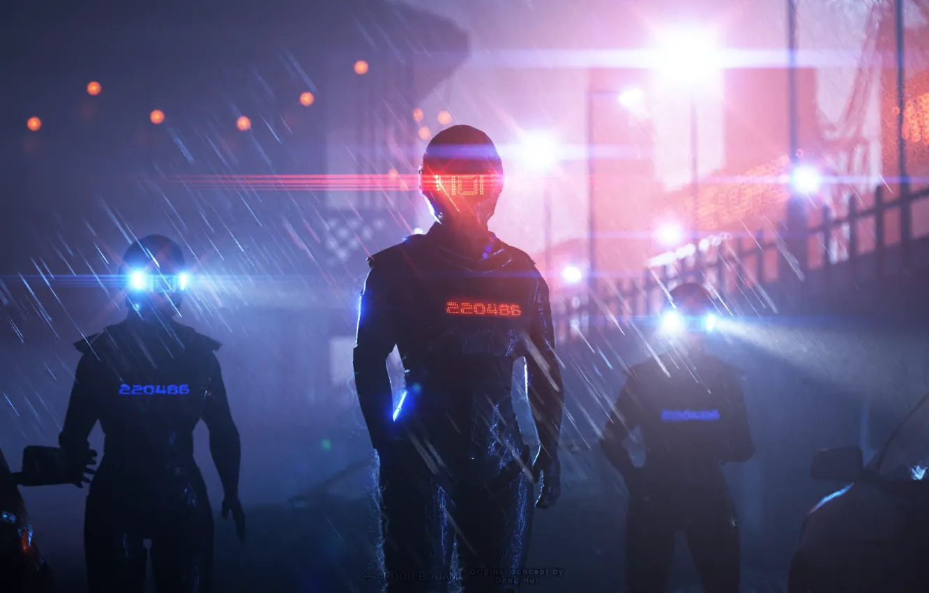 Photo wallpaper light, night, glare, future, fiction, rain, robot, fantasy