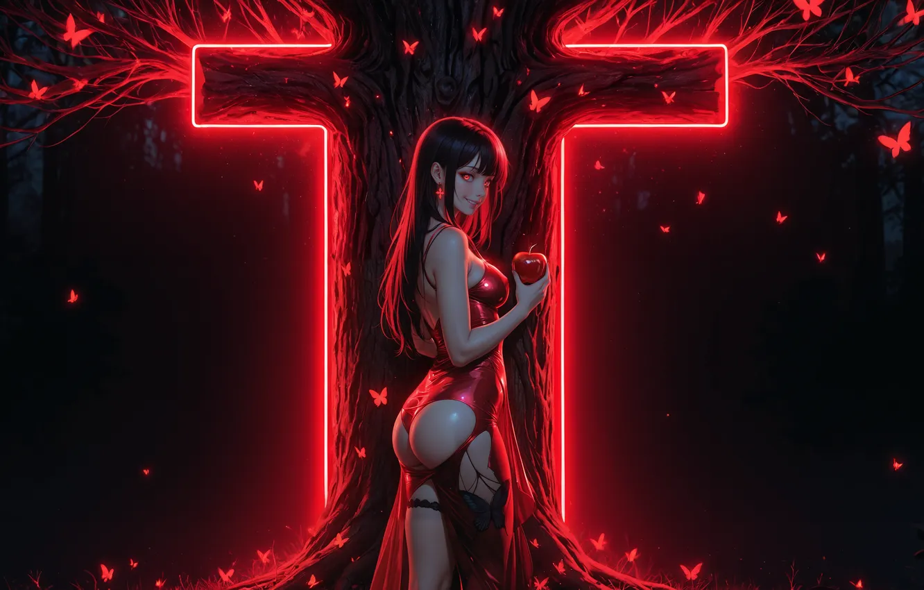 Photo wallpaper girl, butterfly, apples, apple, dress, girl, red dress, red eyes