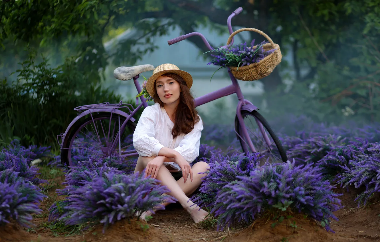 Photo wallpaper summer, look, girl, flowers, nature, bike, sitting, Albina Khusainova