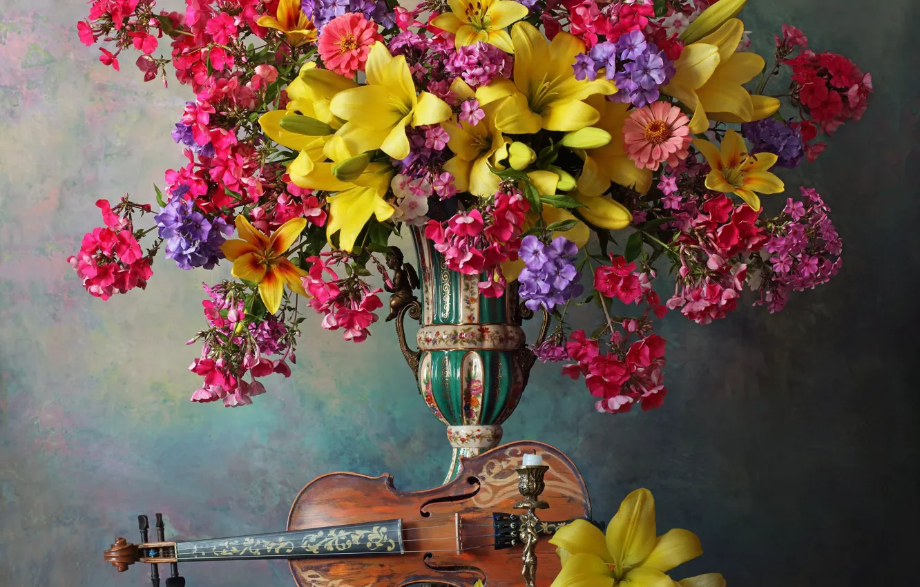 Photo wallpaper flowers, style, notes, background, violin, Lily, bouquet, vase