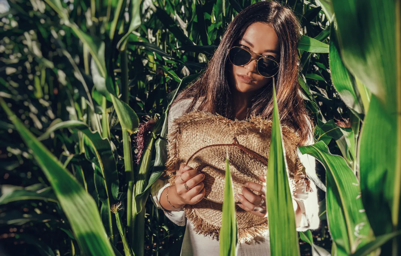 Photo wallpaper look, leaves, the sun, nature, model, portrait, hat, makeup