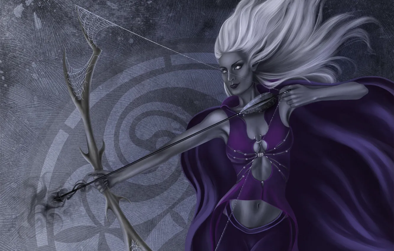 Photo wallpaper girl, web, bow, Archer, art, elf, white hair, drow