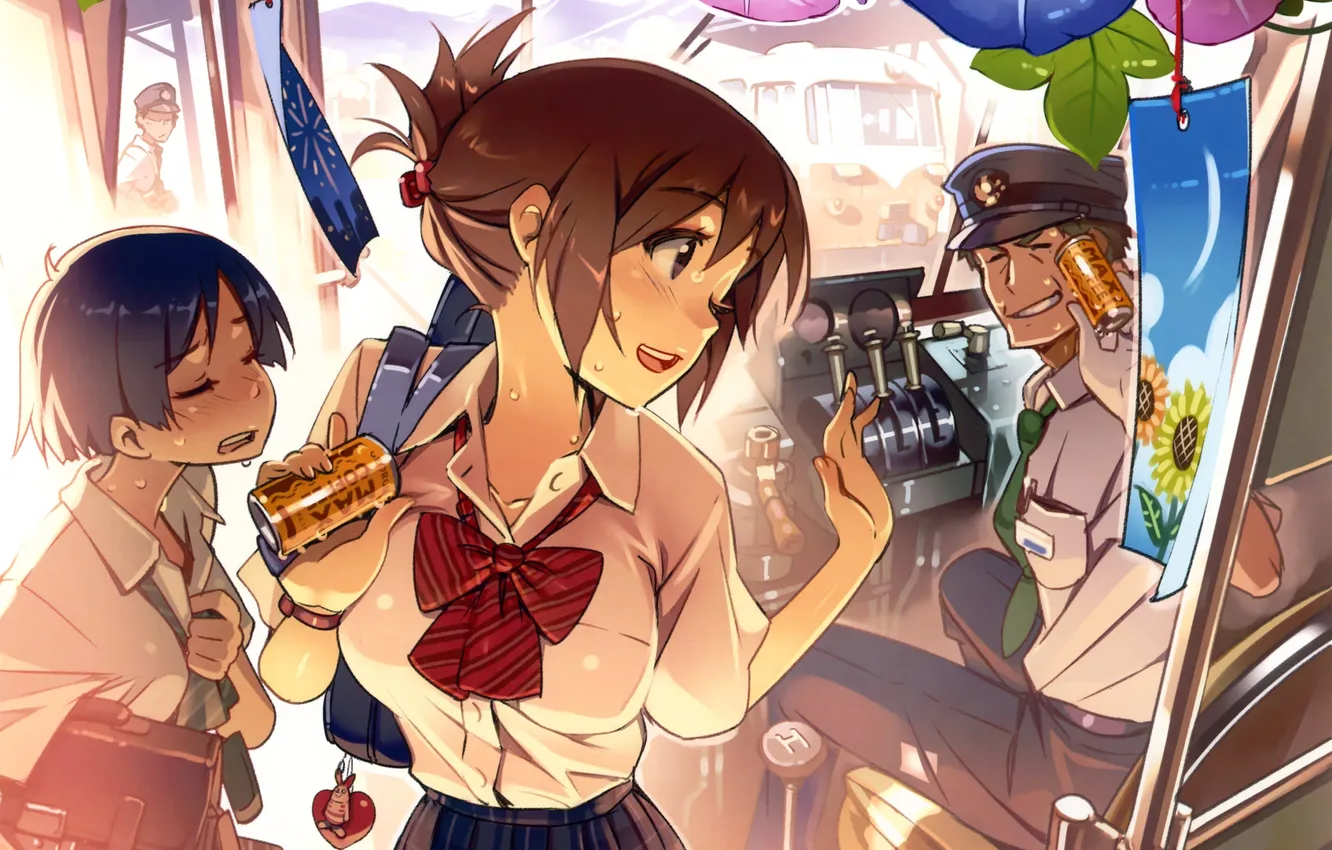 Photo wallpaper girl, heat, anime, art, Bank, tram, male, schoolgirl