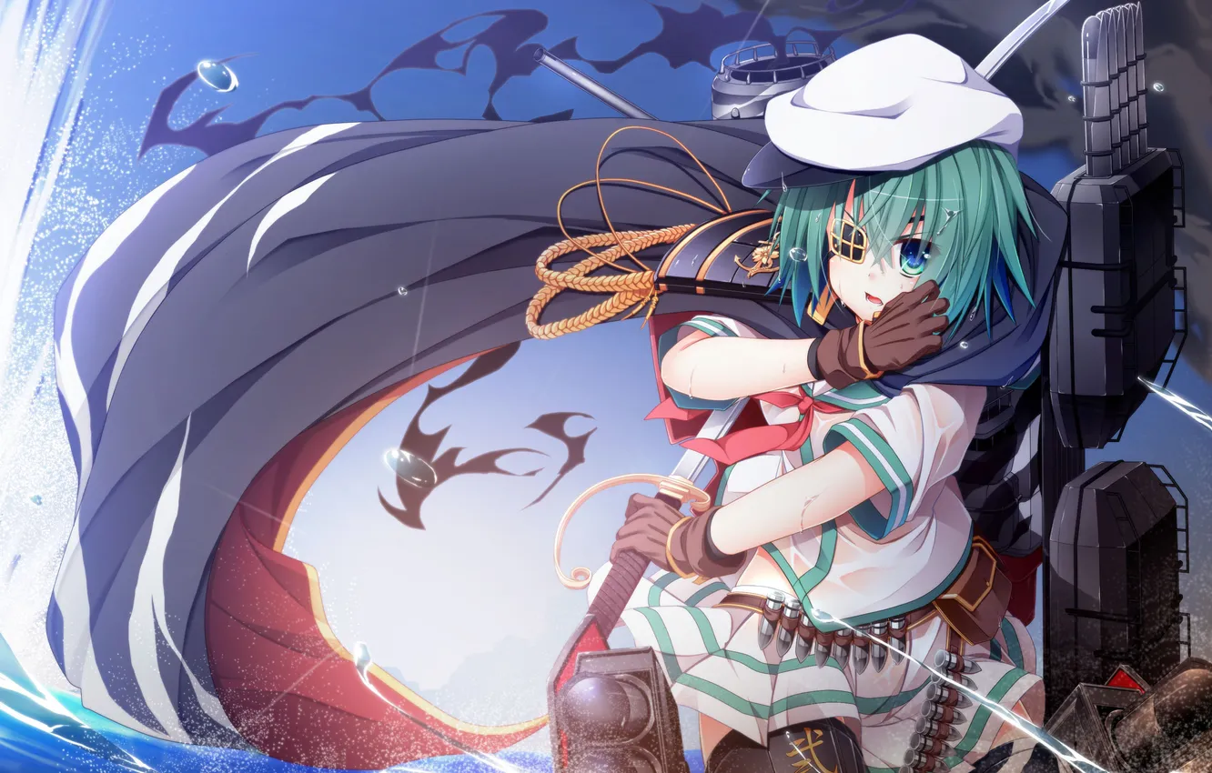 Photo wallpaper sea, look, girl, weapons, anger, smoke, art, kantai collection