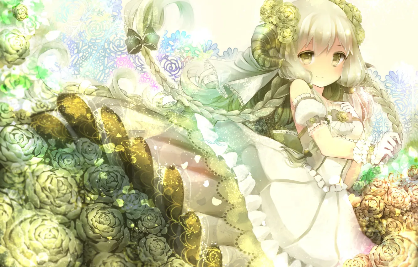 Photo wallpaper girl, flowers, smile, roses, anime, art, horns, braid