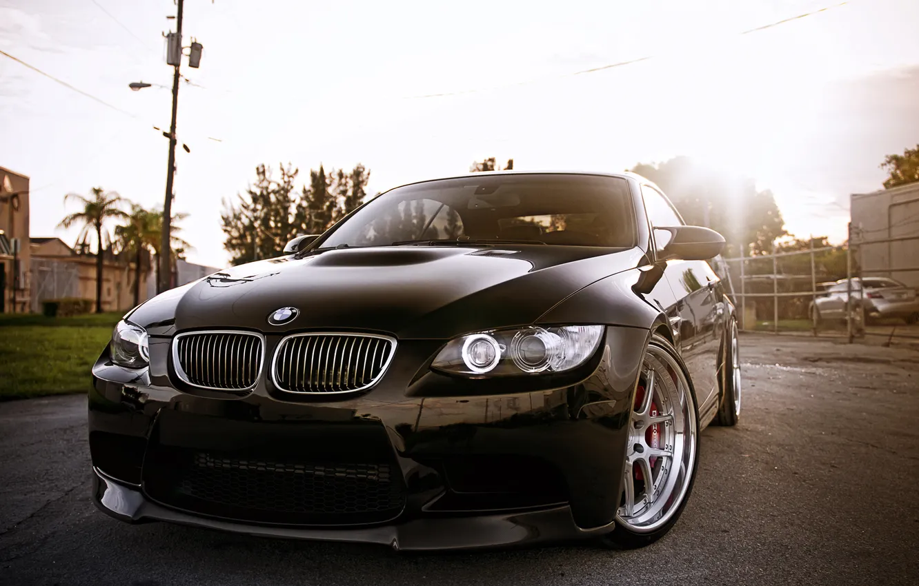 Photo wallpaper the sun, glare, reflection, black, BMW, BMW, black
